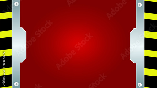 Bright red interior bordered by a metallic frame and striped hazard lines on black. Perfect for industrial, futuristic, or warning-themed designs requiring a dramatic visual impact.