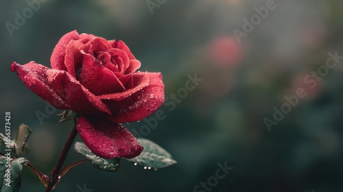Single Red Rose with Raindrops in Soft Natural Background