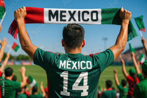 Mexican fan in green jersey holding Mexico scarf at soccer match