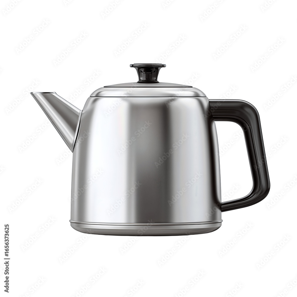 Fototapeta premium Stainless water kettle with simple spout, lid closed, isolated on transparent background, no shadow, brandless. 