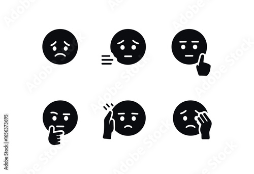 flat black solid icon items isolated on white background feeling (troubled mind): frown sigh stare tap shift rub