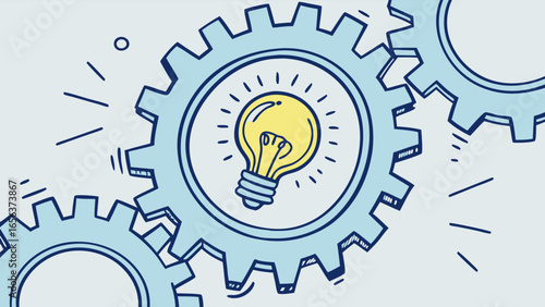 Handdrawn Lightbulb Idea within Interlocking Gears.