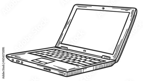 HandDrawn Open Laptop with Keyboard and Trackpad Illustration.