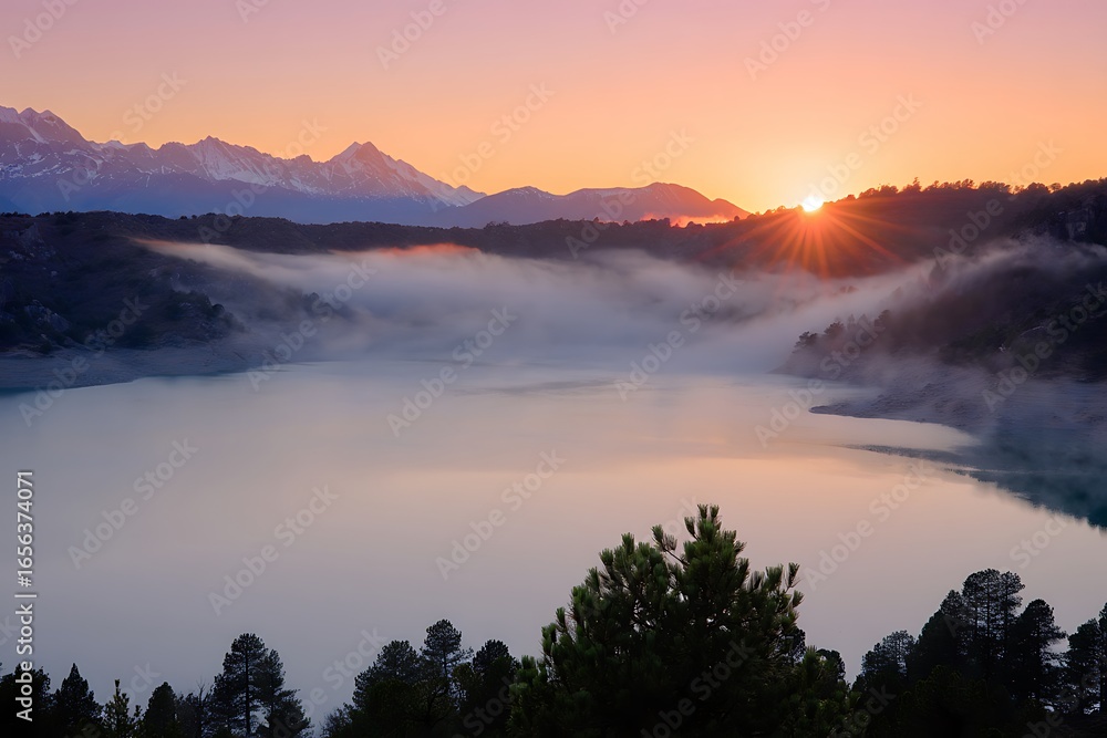 Obraz premium Sunrise over a misty lake surrounded by forest and snowy mountains