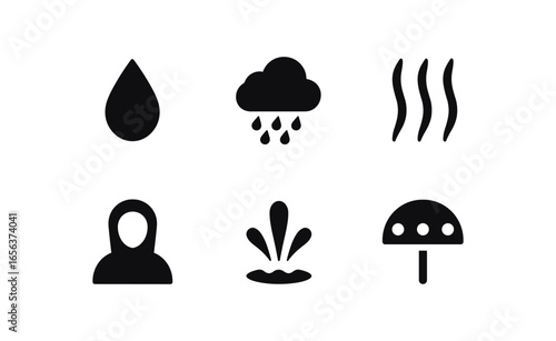 flat black solid icon items isolated on white background weather (warm drizzle): drop cloud damp hood splash veil