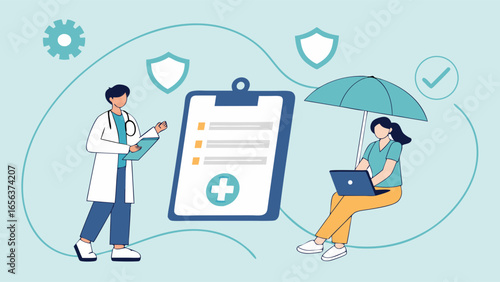 Healthcare Insurance Illustration with Doctor Patient and Clipboard.