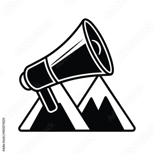 Vector art of megaphone a mountain peak, symbolizing public announcement, broadcasting, or spreading news from a high vantage point
