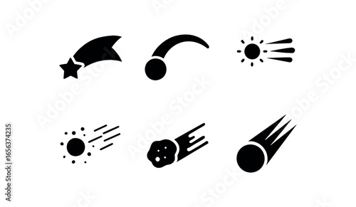 flat black solid icon items isolated on white background space (shooting comet): tail arc glow dust rock streak