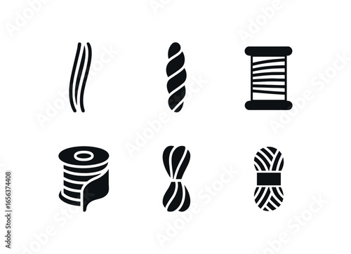 flat black solid icon items isolated on white background fiber (linen thread): strand twist spool roll ply skein