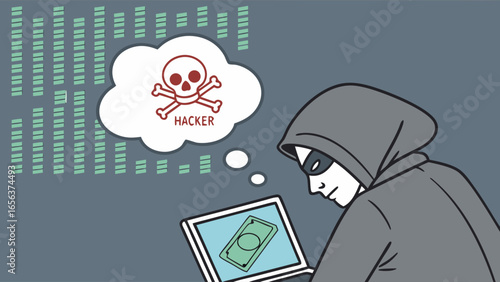 Hooded Hacker Figure with Laptop and Skull and Crossbones Thought Bubble.