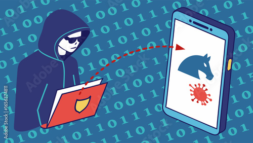 Hooded Hacker Transferring Data to Infected Smartphone.