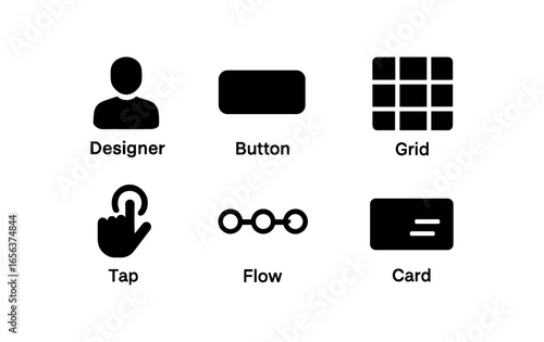 flat black solid icon items isolated on white background designer (experience): icon button grid tap flow card