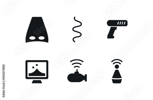 flat black solid icon items isolated on white background pilot (undersea drone): fin tether grip screen ping beacon