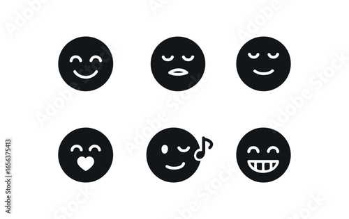 flat black solid icon items isolated on white background feeling (calm heart): smile sigh rest nod hum grin