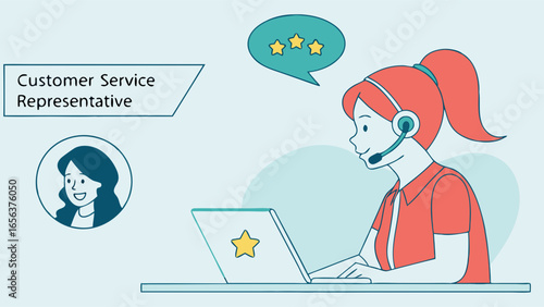 Cartoon Customer Service Representative with Headset Working on Laptop 1.
