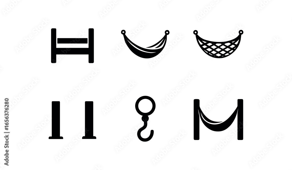 Fototapeta premium flat black solid icon items isolated on white background bed (camping sling): frame rope sway net post hook
