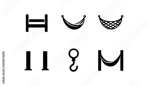 flat black solid icon items isolated on white background bed (camping sling): frame rope sway net post hook