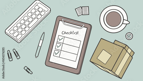 Illustrated Checklist on Clipboard with Completed Items.