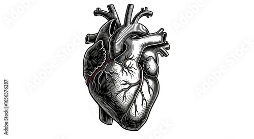 Detailed black and white engraving style illustration of a human heart with blood vessels anatomy