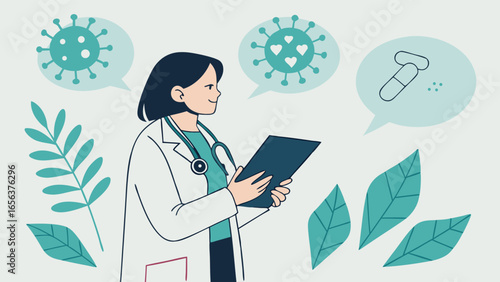 Cartoon Doctor with Clipboard Virus and Medication Thoughts.