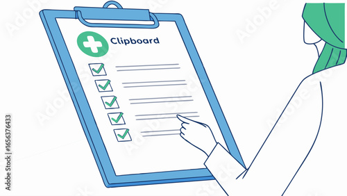 Illustrated Medical Clipboard with Checklist and Hand.