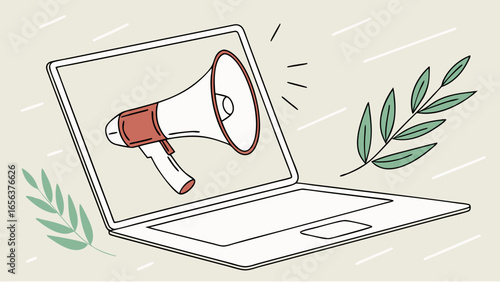 Illustration of a White and Red Megaphone on a Laptop Screen.