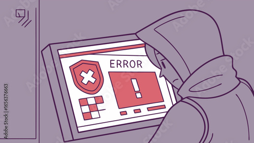 Cartoon Hacker Facing Error Message on Computer Screen.