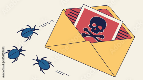 Illustration of a yellow envelope containing a skull and crossbones card with blue bugs.