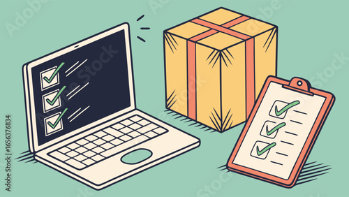 Illustration of Laptop Clipboard and Package with Checkmarks.