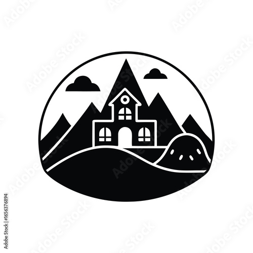 Vector art of stylized illustration of a house nestled in a mountainous landscape with rolling hills and clouds
