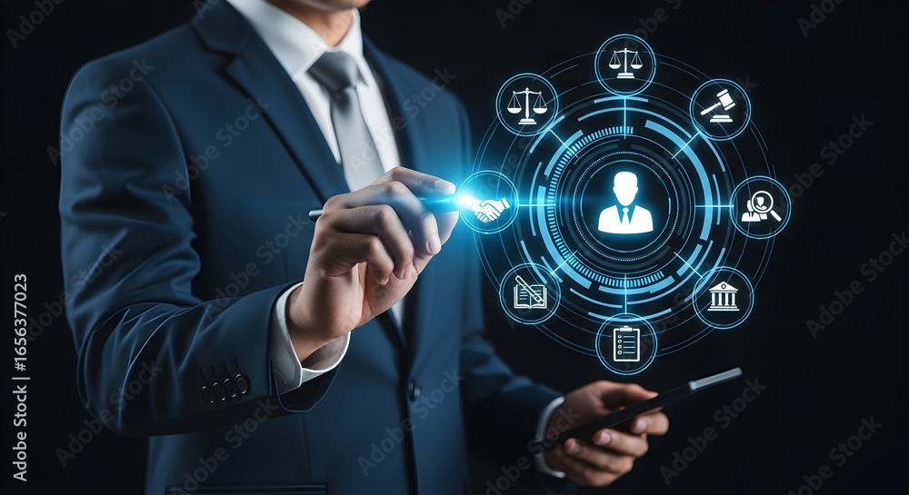 Obraz premium Professional businessman analyzing digital business strategy with futuristic interface and legal icons
