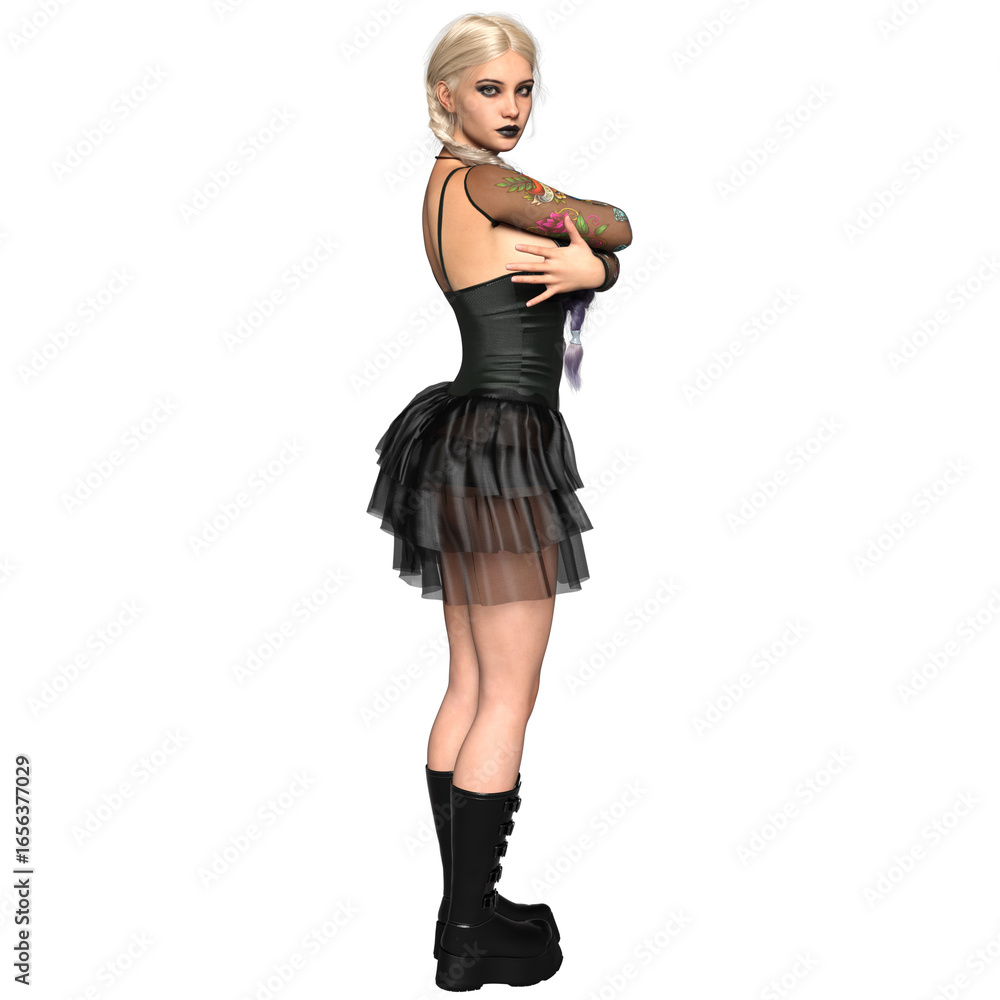 Naklejka premium 3D rendered illustration of a fictional female character with platinum blonde braided hair, gothic fashion, isolated on transparent background
