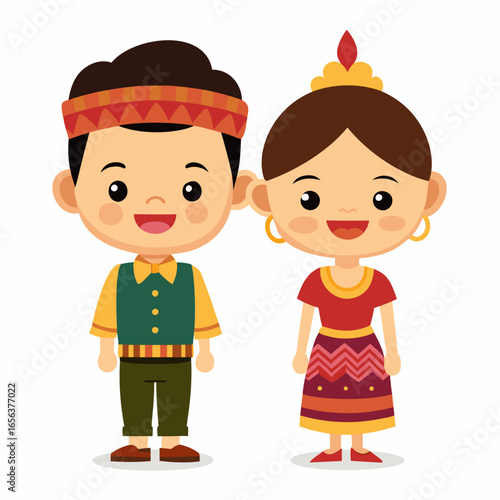 Adorable Cartoon Children in Traditional South American Clothing