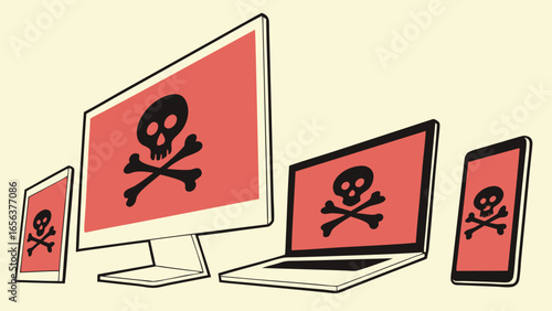 Infected Devices Computer Laptop Tablet and Phone with Skull and Crossbones.