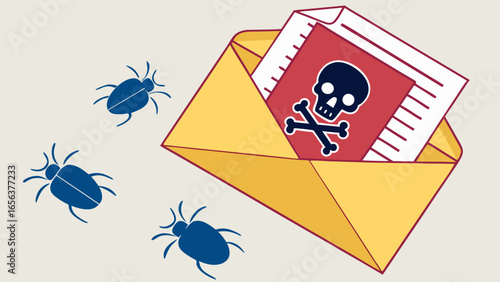 Infected Email Envelope with Skull and Crossbones Warning and Bugs.