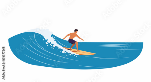 Man Surfing on a Blue Wave, Isolated White Background