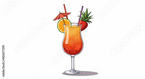 Vibrant Tropical Cocktail with Fruit Garnish and Umbrella, Isolated White Background