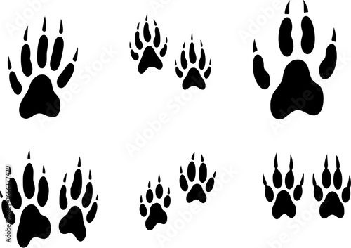 Animal tracks set. Paw print of tiger, wolf. Human footprint. Bird, eagle, duck traces. Trails of puma, lion, bear. Deer, elephant foot silhouette on ground. Flat isolated vector illustration on white