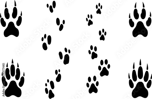 Animal tracks set. Paw print of tiger, wolf. Human footprint. Bird, eagle, duck traces. Trails of puma, lion, bear. Deer, elephant foot silhouette on ground. Flat isolated vector illustration on white