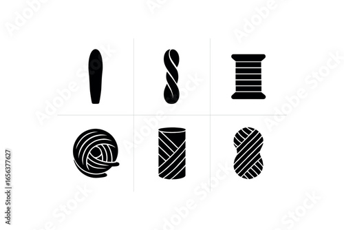 flat black solid icon items isolated on white background fiber (cotton yarn): strand twist spool roll ply skein