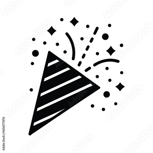 Vector art of black silhouette of a party popper exploding with confetti and streamers