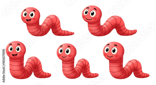 Five Cute Cartoon Red Earthworms with Happy Faces on a White Background character