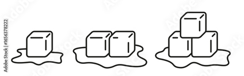 Minimalist line illustration of melting ice cubes on a white background, isolated vector design for drinks, cold, freshness, and summer themes.