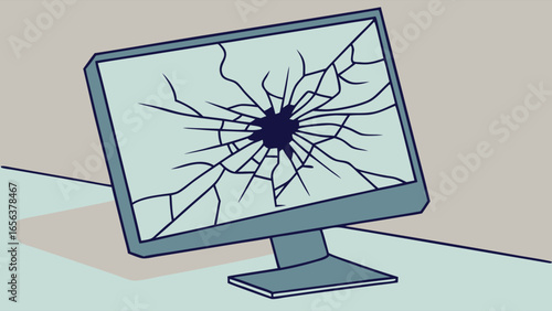 Cartoon Illustration of a Broken Computer Monitor Screen.