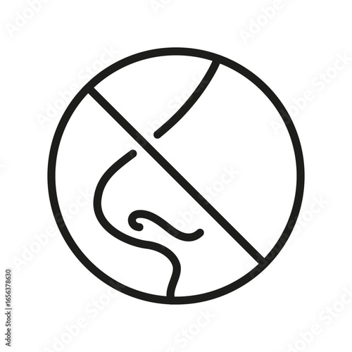 Prohibition sign with a nose symbol, no sniffing or smelling warning icon, simple black line illustration.