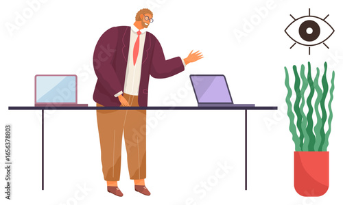 Businessman in formal attire presenting near two laptops on a desk. Eye graphic symbolizes observation or vision. Ideal for business, presentation, leadership, focus, analysis, strategy