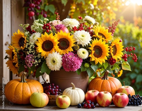 Autumn harvest floral arrangement featuring sunflowers, pumpkins, and apples in a rustic outdoor setting