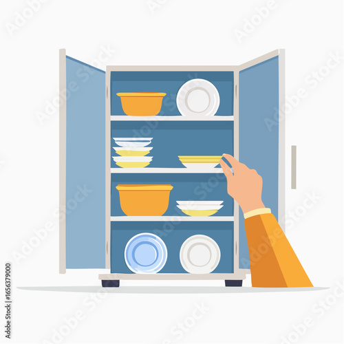 Orange Hand Arranging Dishes In A Light Blue Kitchen Cupboard
