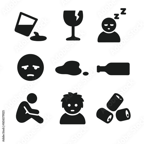 Alcohol Aftermath Icons. Solid, filled icon set of alcohol consumption aftermath: spilled drink, broken glass, sleepy person,