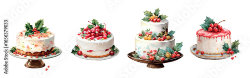 Set of watercolor Christmas cakes. Cake decorated with white glaze and holly berries. Festive Christmas sweet food. Austrian Stollen cake. Sweet national pastries in white glaze for Christmas.